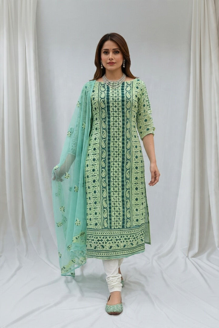 Unstitched Georgette Chikankari Dress Material | Hand Embroidered Kurta, Bottom & Dupatta