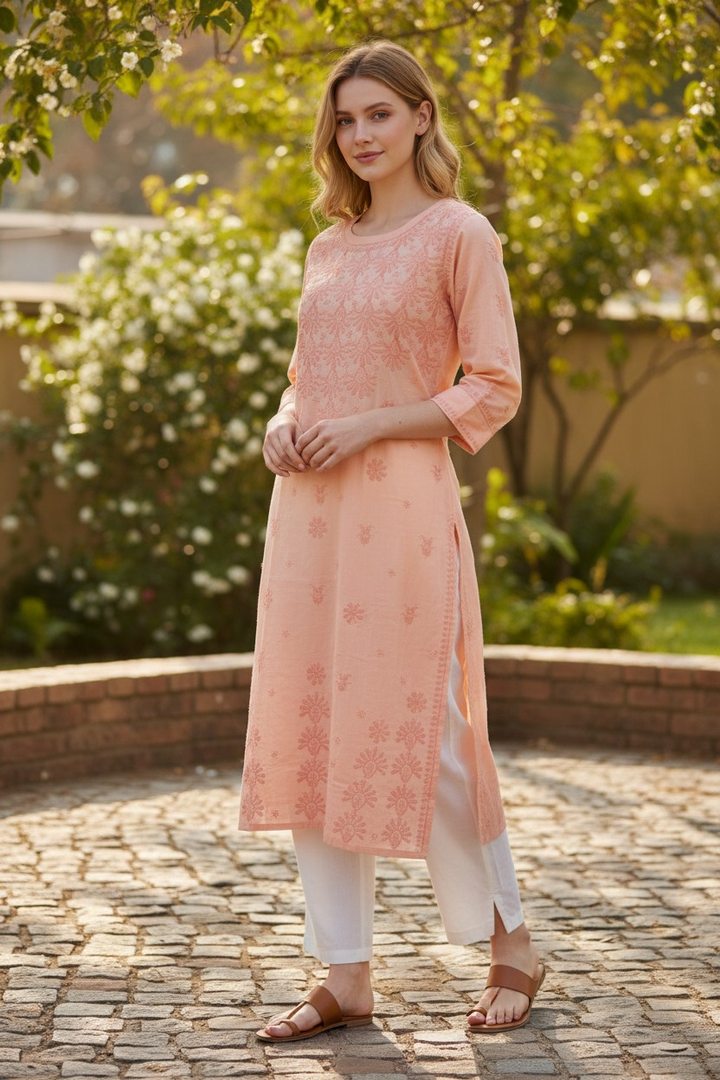 Soft Cotton Chikankari Hand Embroidered Kurti for Women | Premium Soft & Non-Transparent Fabric | 46 Inch Length | Lucknowi Chikan Kurta