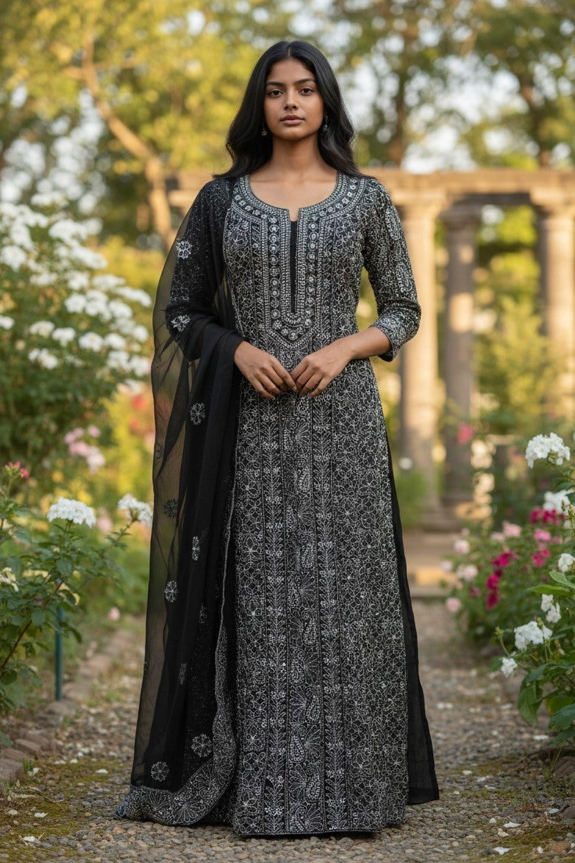 Unstitched Georgette Chikankari Dress Material | Hand Embroidered Kurta, Bottom & Dupatta