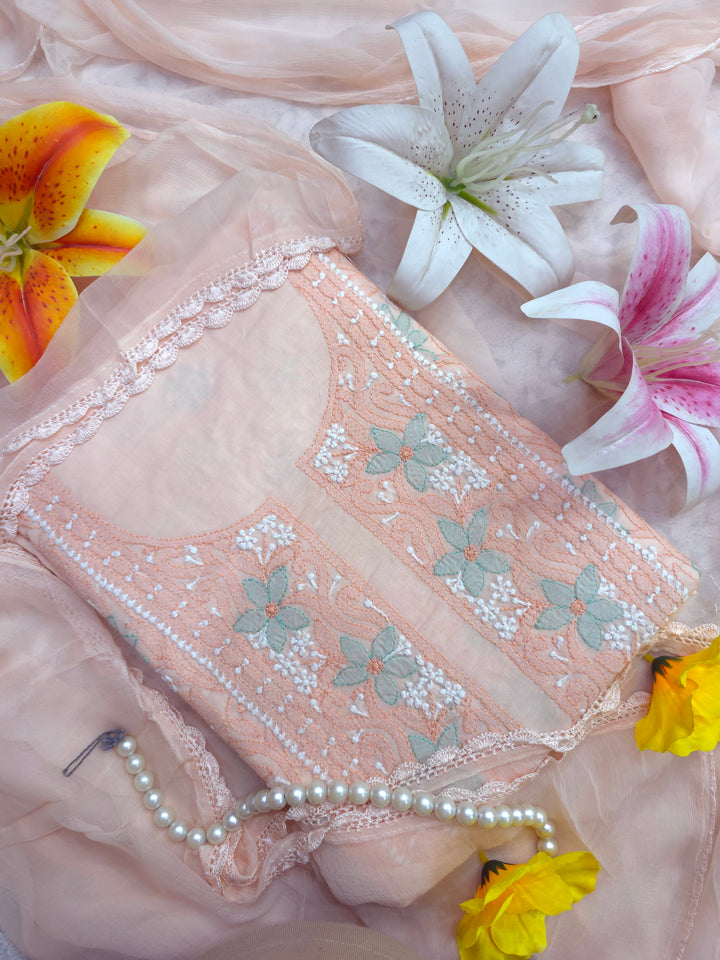 Lucknow Chikankari Hand Embroidered Cotton Dress Material with Tri-Color Motifs & Pure Chiffon Dupatta