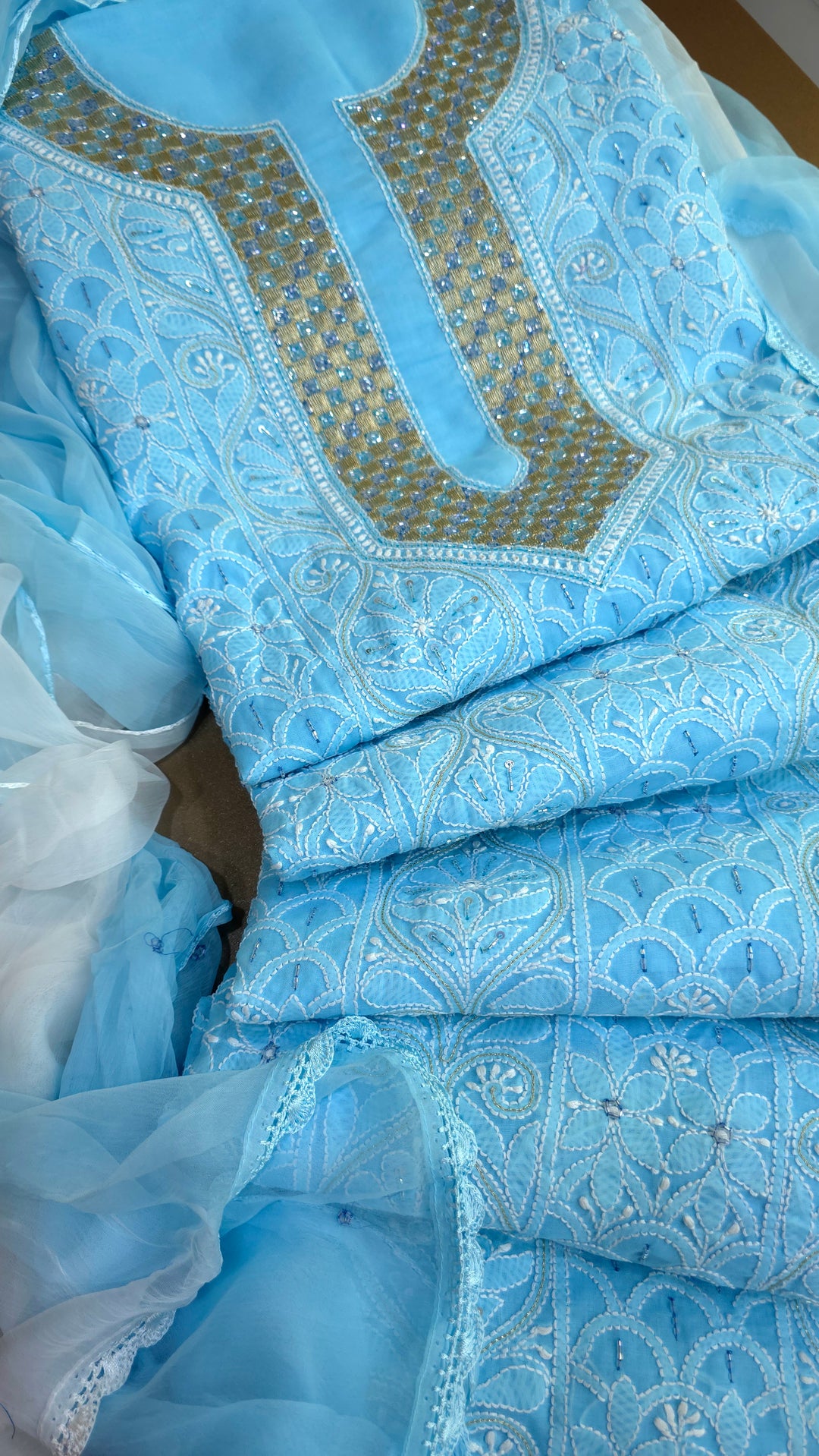 Afreen Premium Hand Embroidered Chikankari Cotton Unstitched Dress Material with Pure Chiffon Dupatta