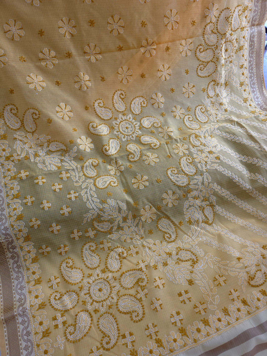 Hand Embroidered Chikankari Banarasi Silk Saree with Intricate Border & Palla Pattern – Includes  Blouse | Paridhan Chikan