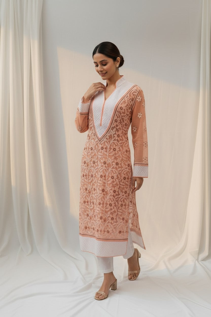Women’s Georgette Chikankari Kurti – Designer Hand Embroidered Lucknowi Craft by Paridhan Chikan