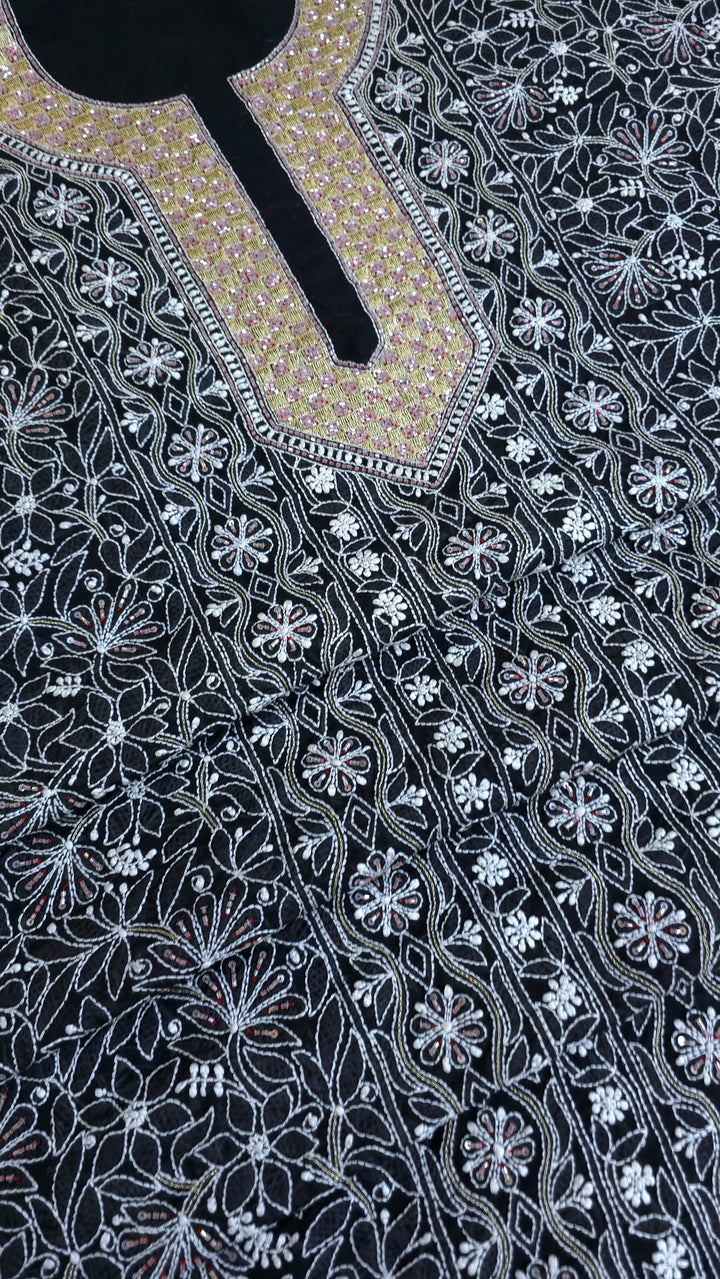 Premium Hand Embroidered Chikankari Cotton Unstitched Dress Material with Pure Chiffon Dupatta