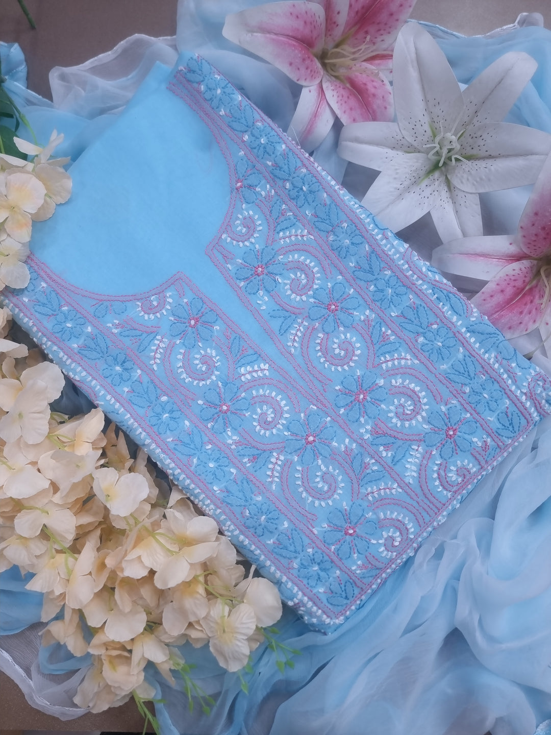 Lucknow Chikankari Hand Embroidered Cotton Dress Material with Tri-Color Motifs & Pure Chiffon Dupatta
