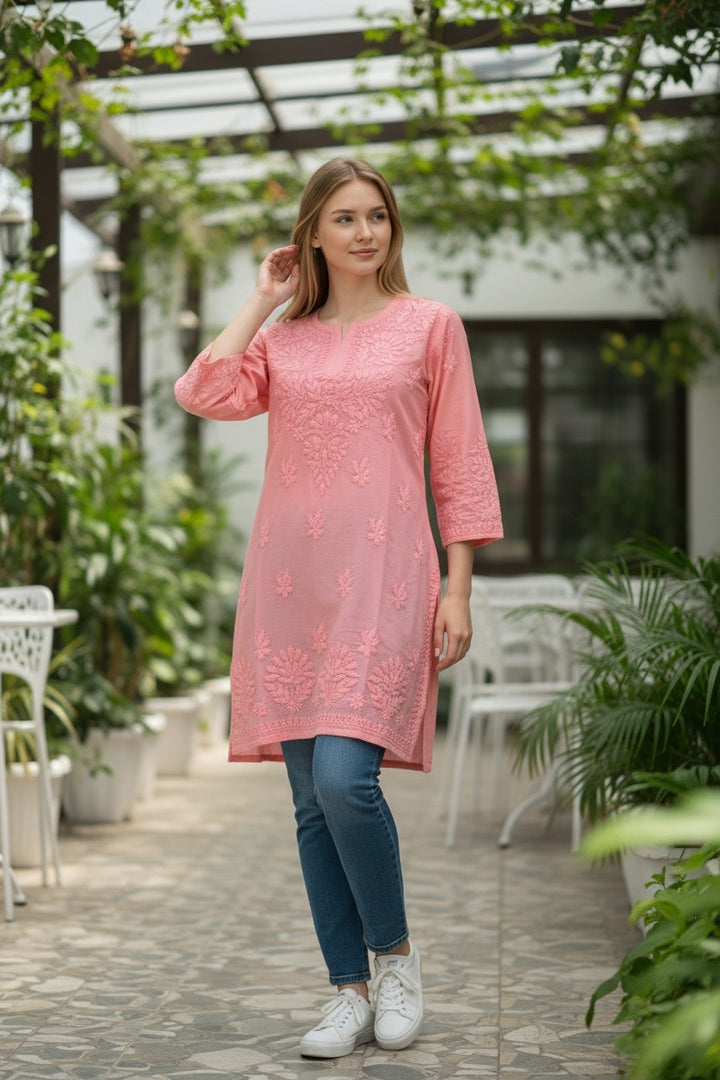 Non transparent Soft Chanderi Chikankari Top 32" length