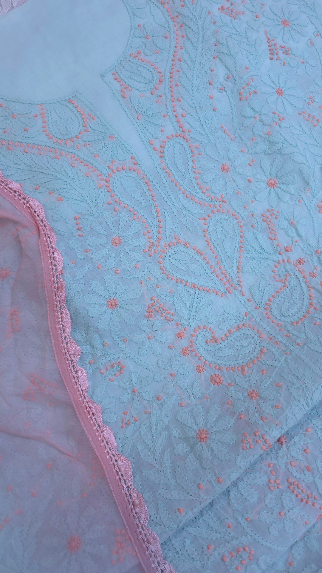 Lucknow Chikankari Hand Embroidered Cotton Dress Material with Tri-Color Motifs & Pure Chiffon Dupatta