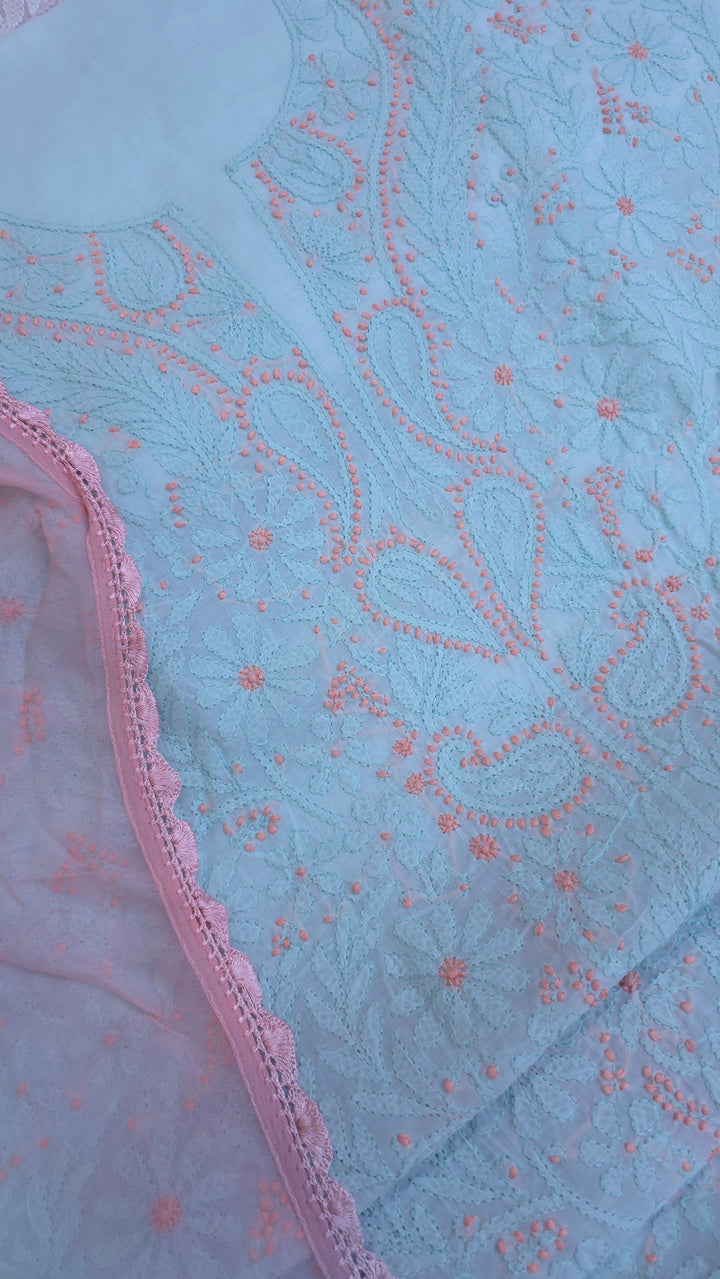 Lucknow Chikankari Hand Embroidered Cotton Dress Material with Tri-Color Motifs & Pure Chiffon Dupatta