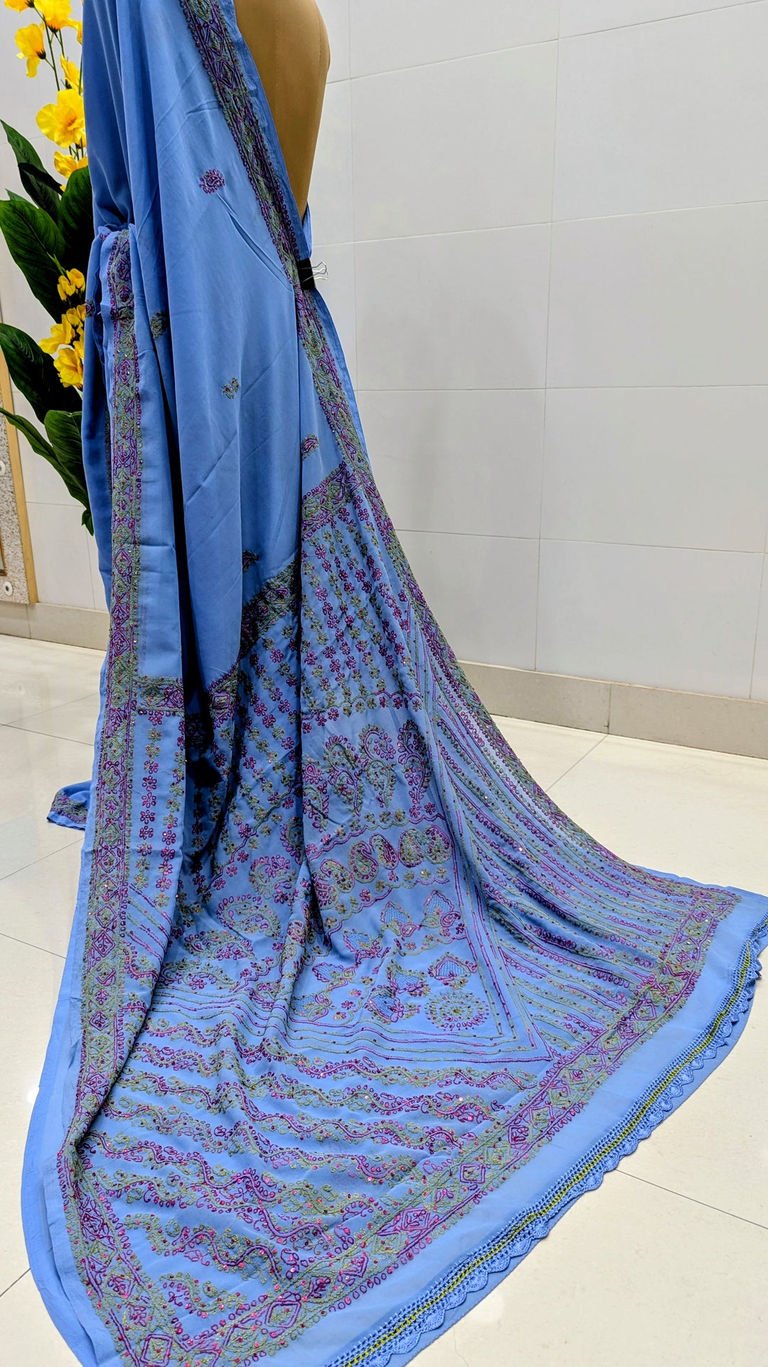 Faux Georgette Hand Chikankari Saree with Exclusive Border & designer Palla Design | Embroidered Blouse Included | Authentic Lucknow Handicraft by Paridhan Chikan