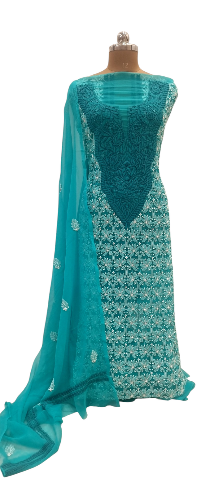 Georgette Chikankari Dress Material- Terquoise