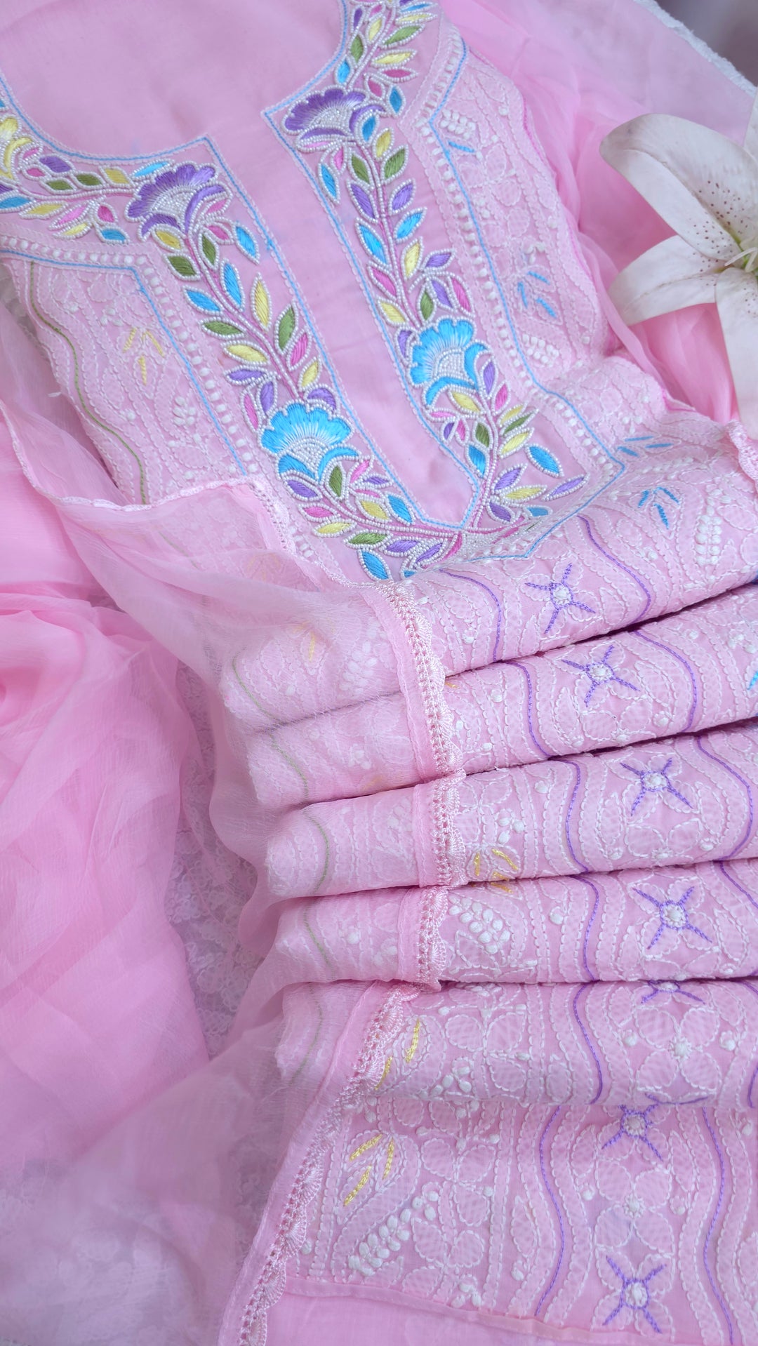 Cotton Resham Neckline chikankari dress material- Pink