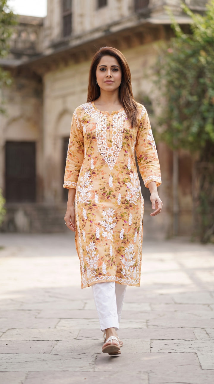 Nushraat Rayon Digital Print Lucknow Chikankari Hand Embroidered Kurti
