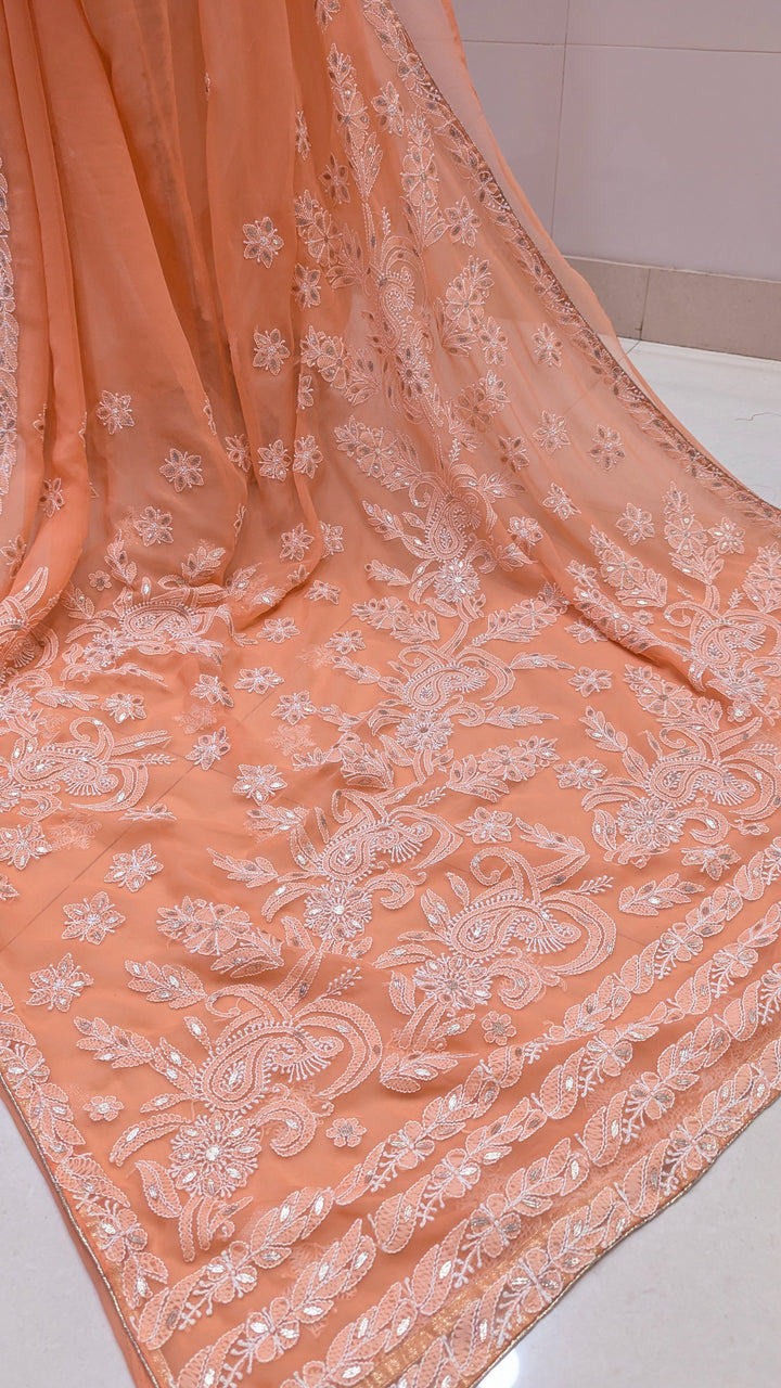 Embellished with Gota Patti | Hand Chikankari Faux Georgette Saree | Lucknowi Embroidery | Designer Festive Wear by Paridhan Chikan