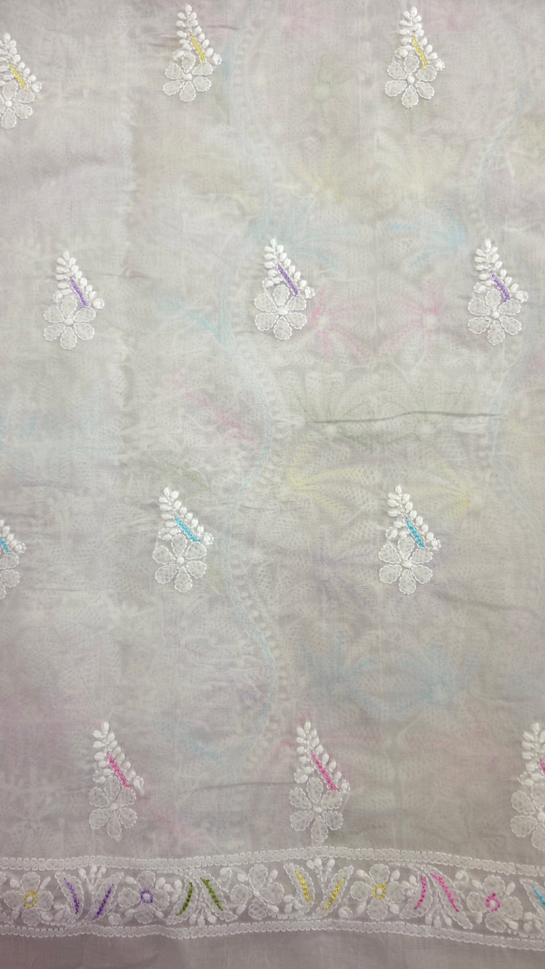 Cotton Resham Neckline chikankari dress material- Grey
