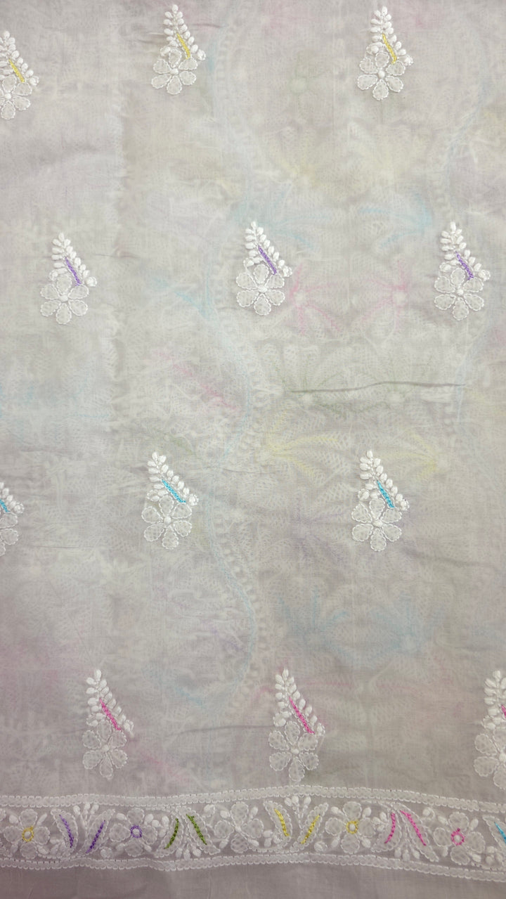Cotton Resham Neckline chikankari dress material- Grey