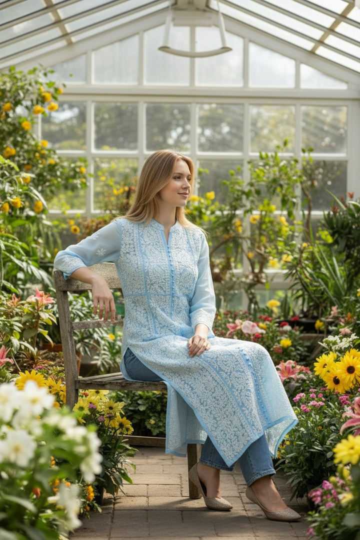 Women's Chikankari Georgette Front-Open Look Kurta | Hand Embroidered Lucknowi Ethnic Wear