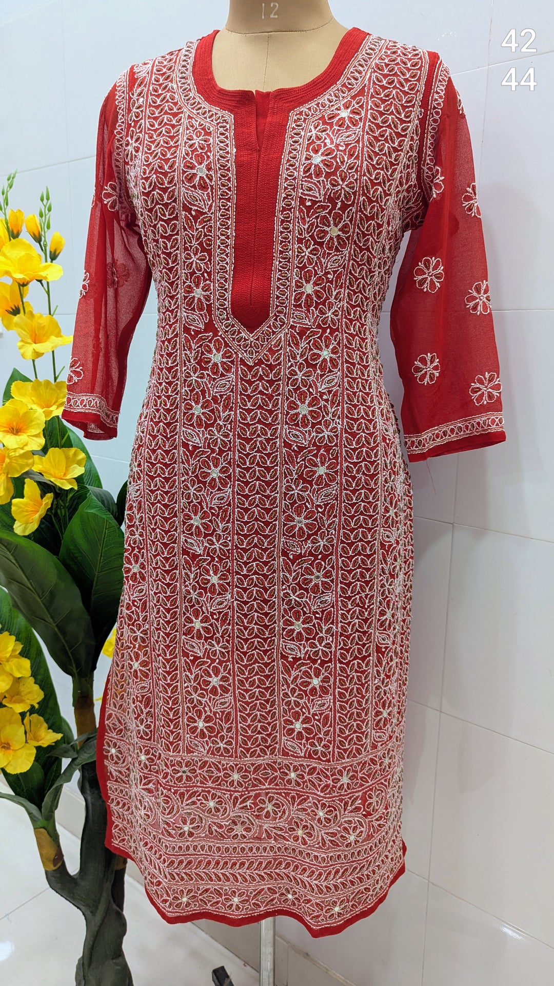 Raha Women’s Georgette Chikankari Kurti –Pearl, mirror n aari work -Designer Hand Embroidered Lucknowi Craft by Paridhan Chikan