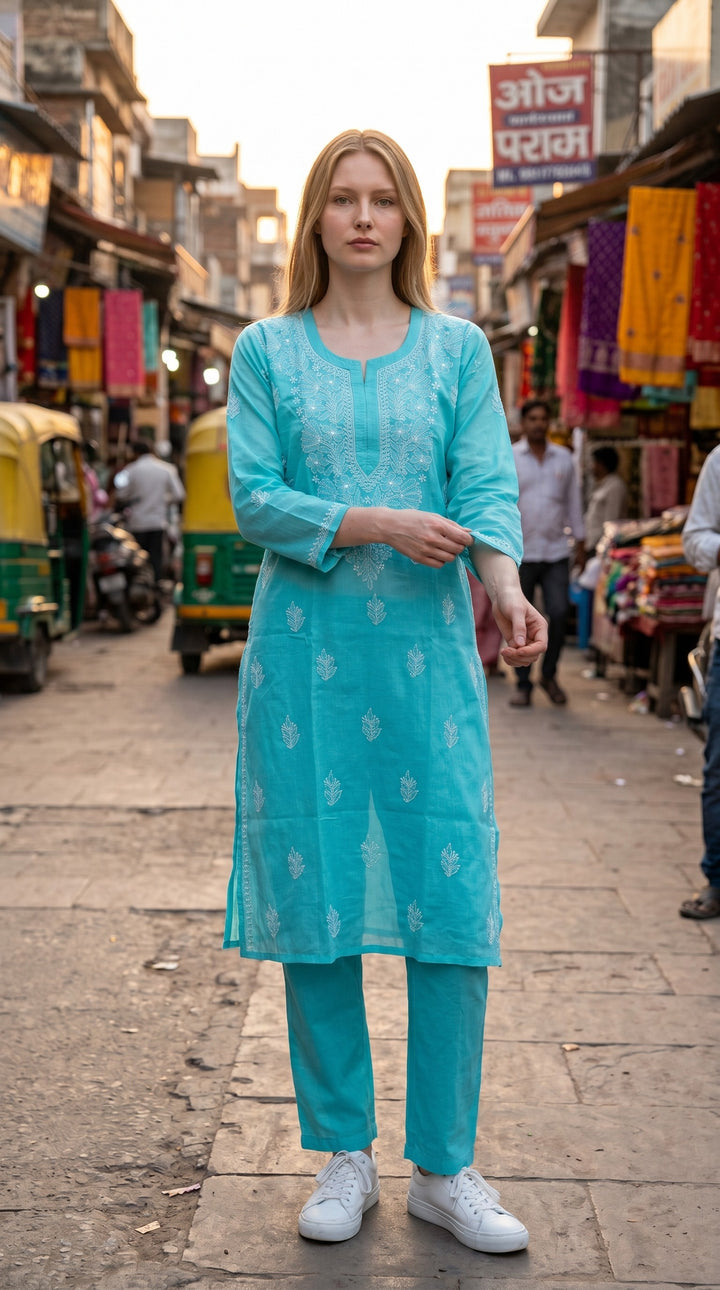 Elegant Cotton Chikankari Kurti for Women | Lightweight Hand Embroidered Office & Daily Wear Kurta