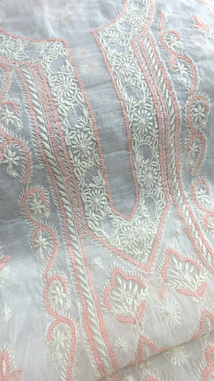 Pure Mul Chanderi 2 Taar Hand Embroidered Chikankari Unstitched Kurta (3 M) with Dupatta (2.5 M) – Lucknowi Festive Collection