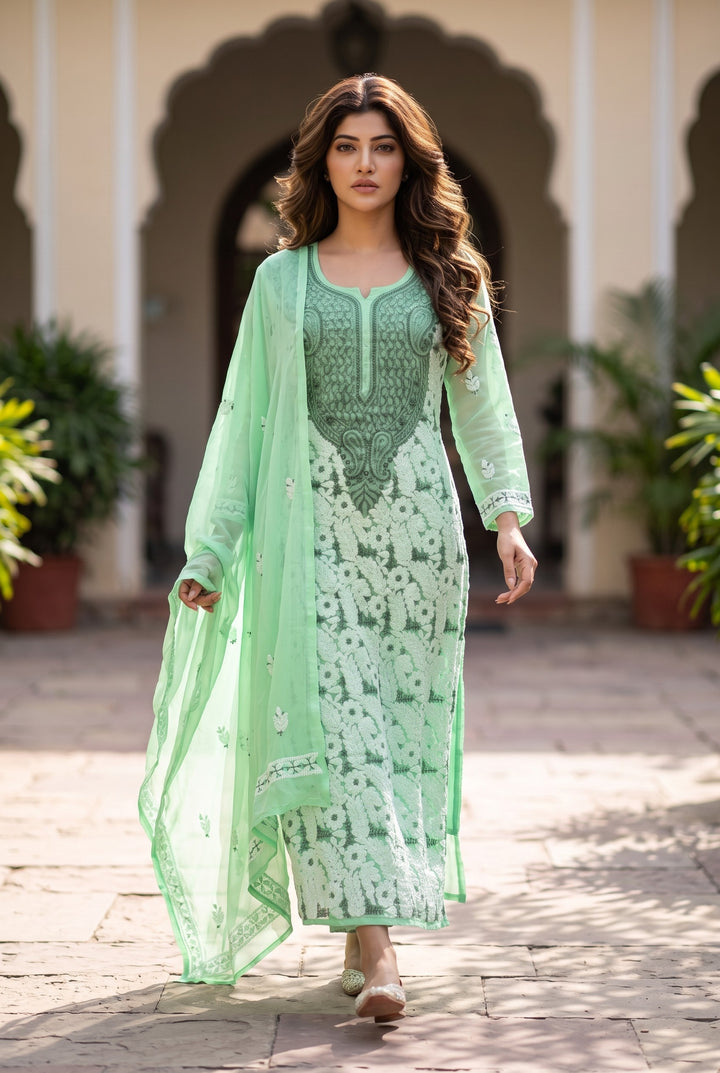 Unstitched Georgette Chikankari Dress Material | Hand Embroidered Kurta, Bottom & Dupatta