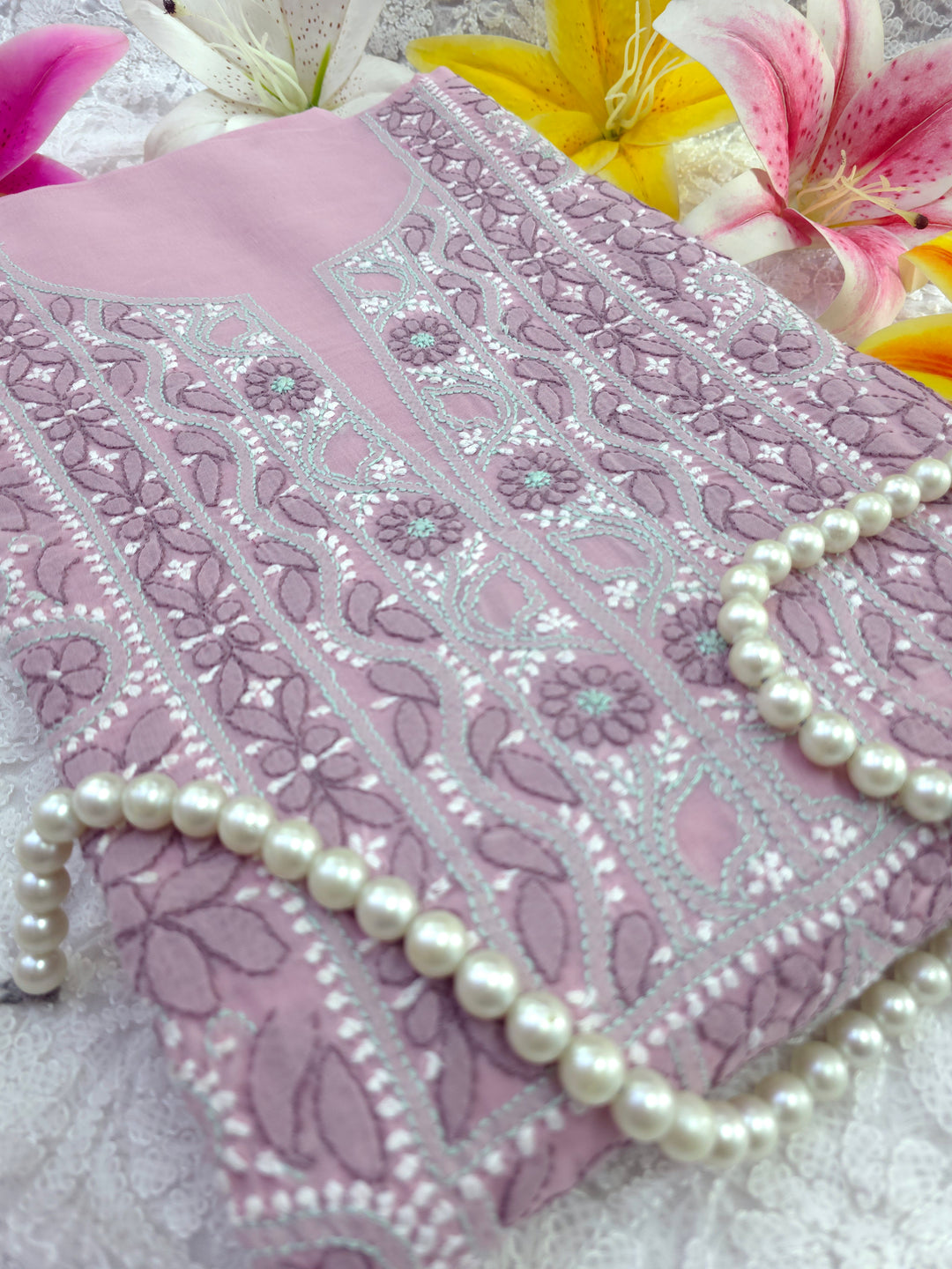 Lucknow Chikankari Hand Embroidered Cotton Dress Material with Tri-Color Motifs & Pure Chiffon Dupatta