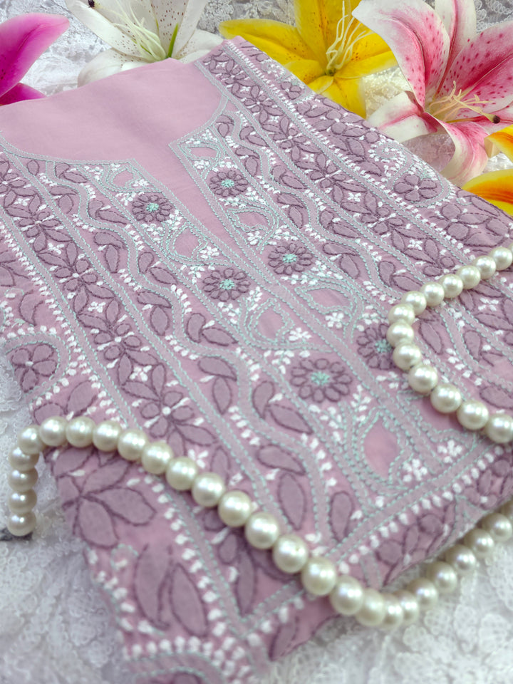 Lucknow Chikankari Hand Embroidered Cotton Dress Material with Tri-Color Motifs & Pure Chiffon Dupatta