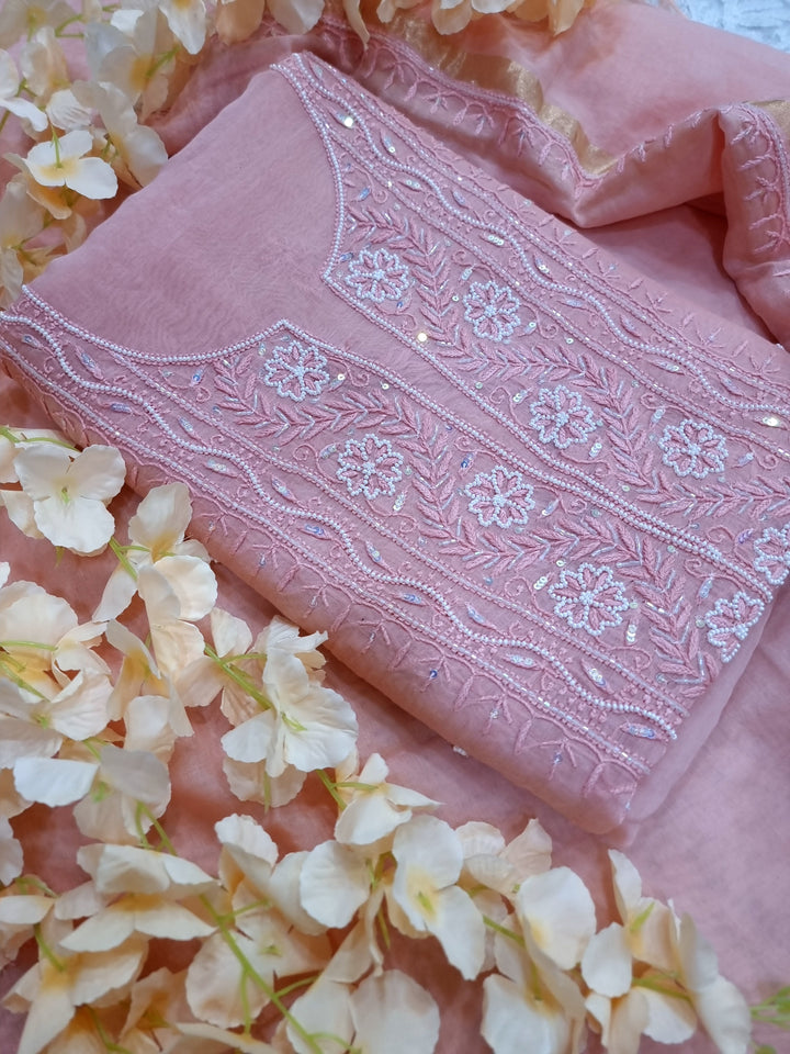 Premium Mul Chanderi Supersoft Dyeable Chikankari Dress Material | Hand Embroidered with Pearls & Cutdaana | Kurta & Dupatta Set