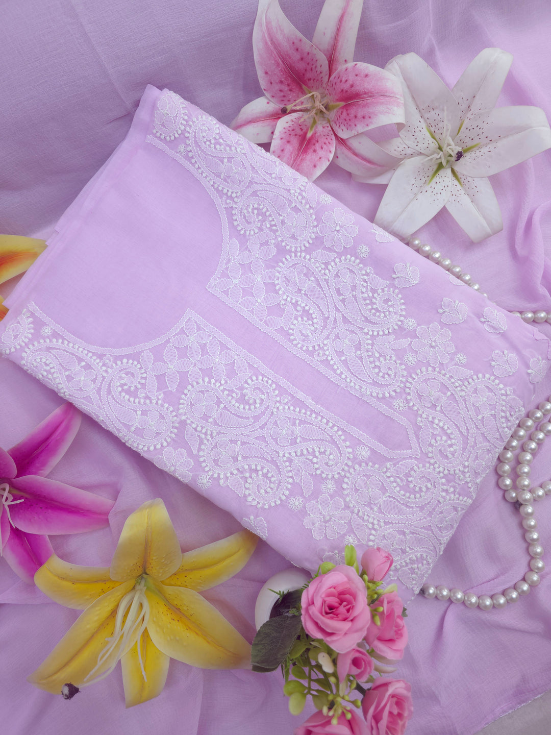 Darz Lucknowi Chikankari  Dress Material – Handmade Cotton Suit with Chiffon Dupatta