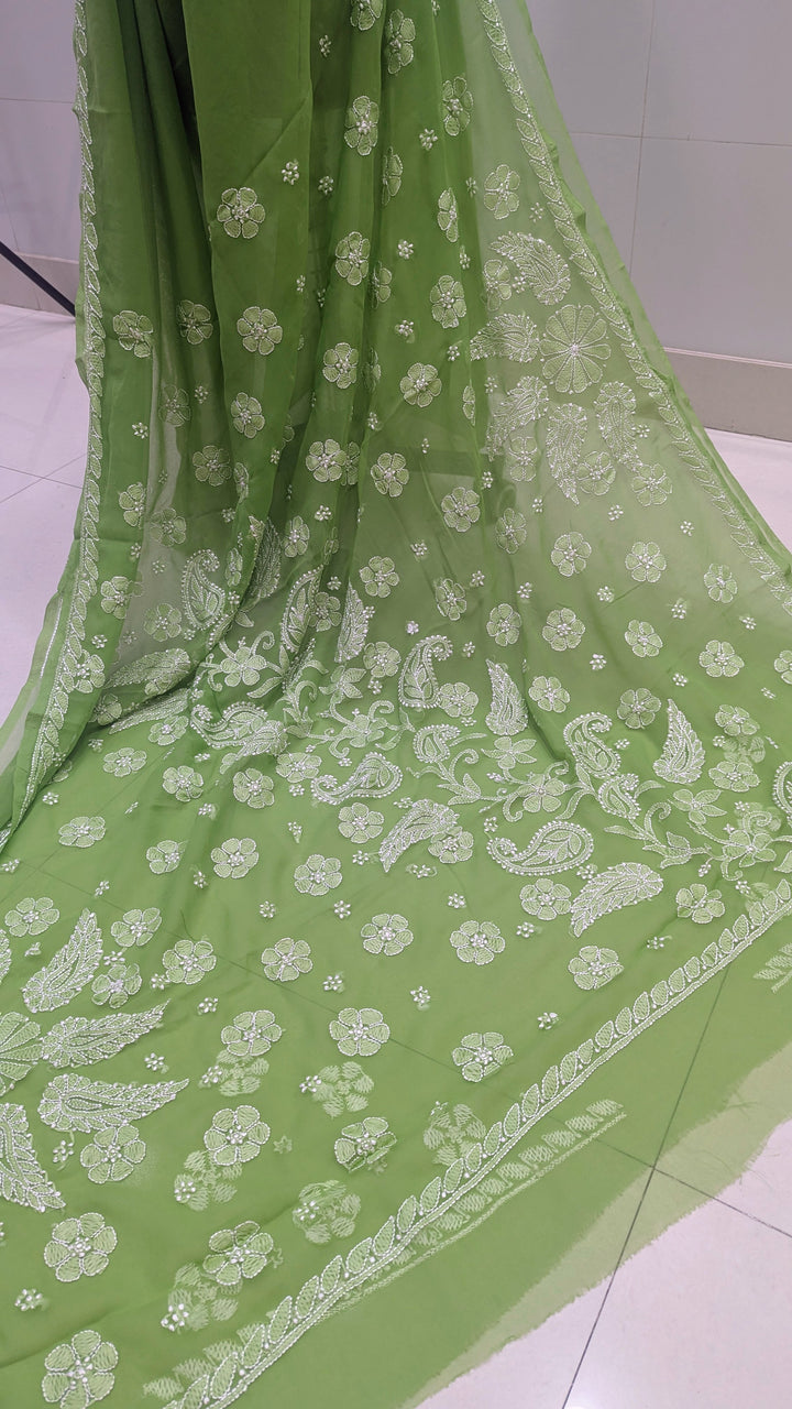 Faux Georgette Hand Chikankari Saree with Exclusive Border & Palla Design | Embroidered Blouse Included | Authentic Lucknow Handicraft by Paridhan Chikan