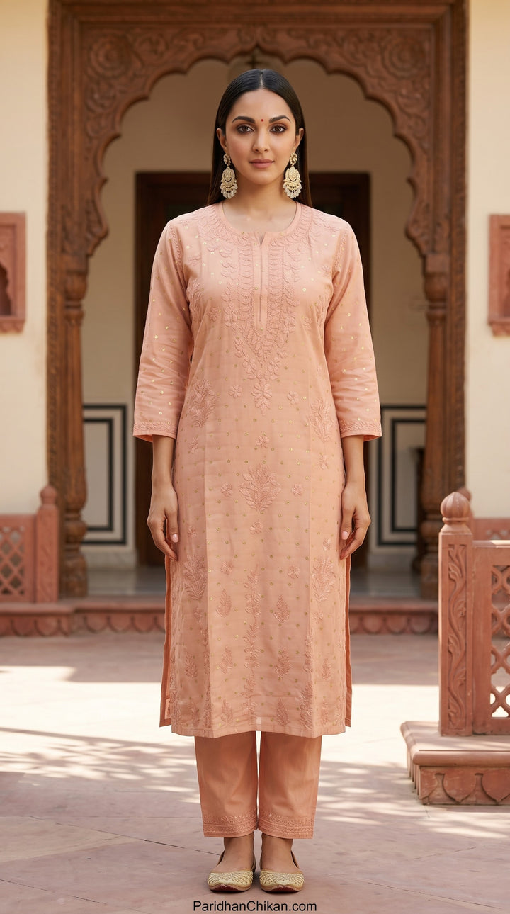Kiara Chikankari Chanderi Golden Zari Buti Kurti for Women | Soft Non-Transparent | Paridhan Chikan