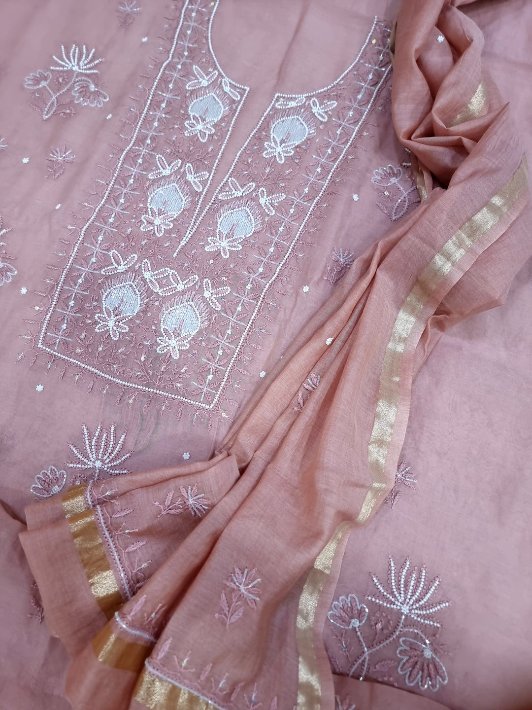 Premium Mul Chanderi Supersoft Dyeable Chikankari Dress Material | Hand Embroidered with Pearls & Cutdaana | Kurta & Dupatta Set