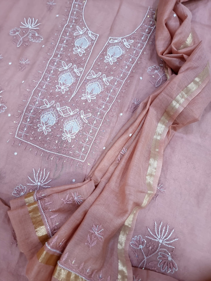 Premium Mul Chanderi Supersoft Dyeable Chikankari Dress Material | Hand Embroidered with Pearls & Cutdaana | Kurta & Dupatta Set