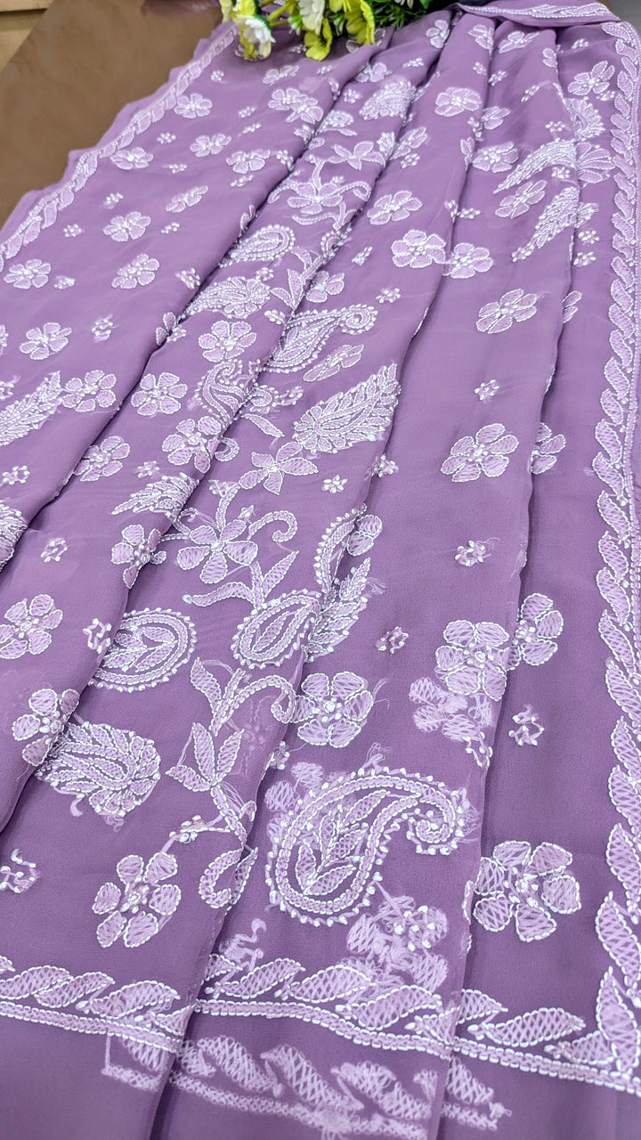 Faux Georgette Hand Chikankari Saree with Exclusive Border & Palla Design | Embroidered Blouse Included | Authentic Lucknow Handicraft by Paridhan Chikan