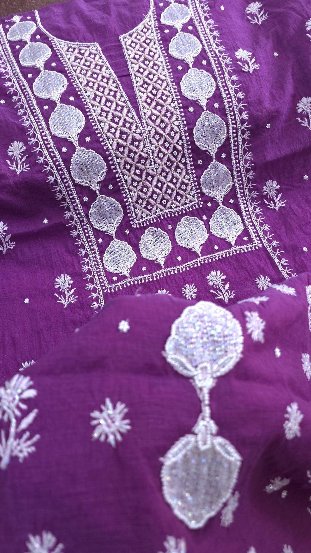 Premium Mul Chanderi Pearl, Cutdana & Kasab Hand Embroidered Unstitched Suit Set