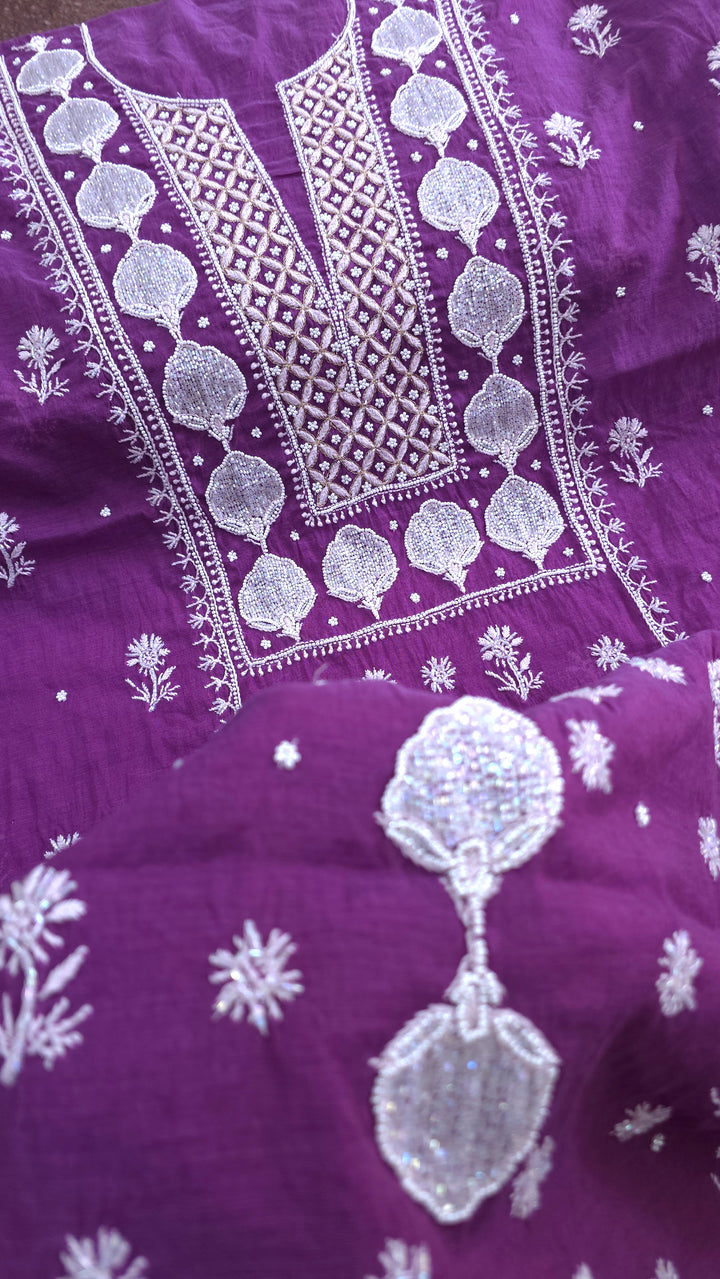 Premium Mul Chanderi Pearl, Cutdana & Kasab Hand Embroidered Unstitched Suit Set