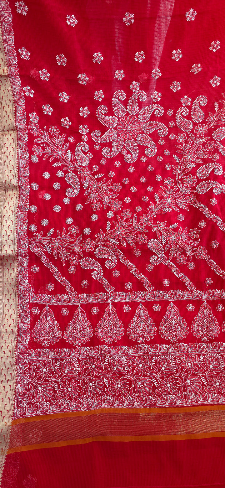 Hand Embroidered Chikankari Banarasi Silk Saree with Intricate Border & Palla Pattern – Includes  Blouse | Paridhan Chikan