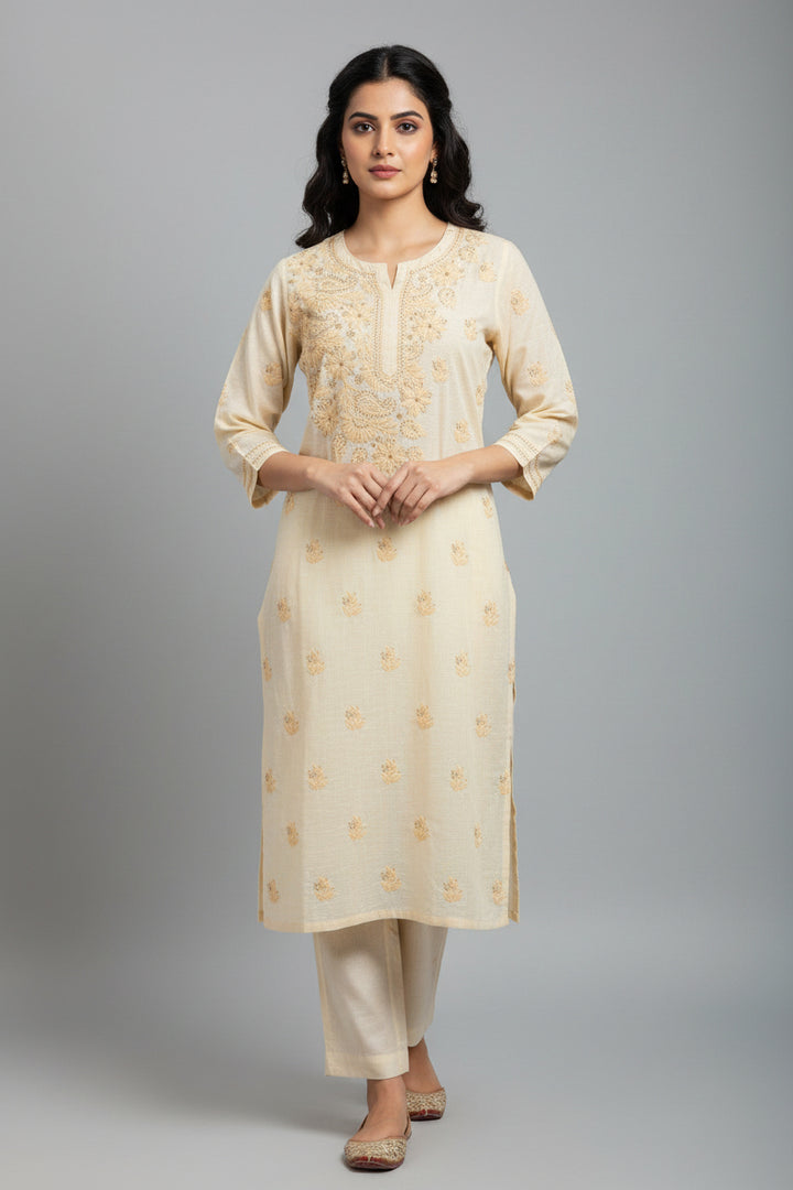 Pure Cotton Linen Lucknowi Chikankari Long Kurti | 100% Hand Embroidered | Non-Transparent | No Shrinkage