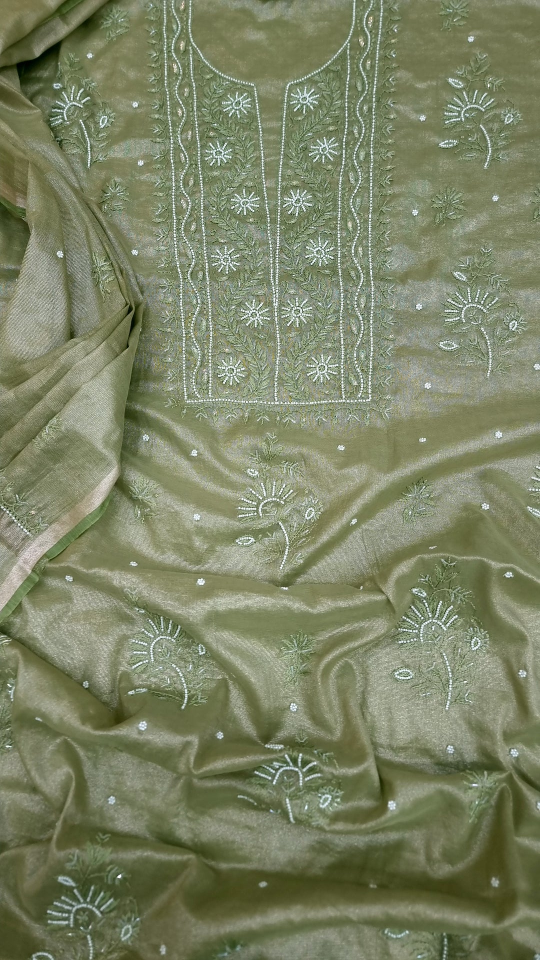 Soft Tissue Chikankari Unstitched Dress Material | 3 Taar Hand Embroidery with Pearl & Cutdana Work + Golden Border Dupatta