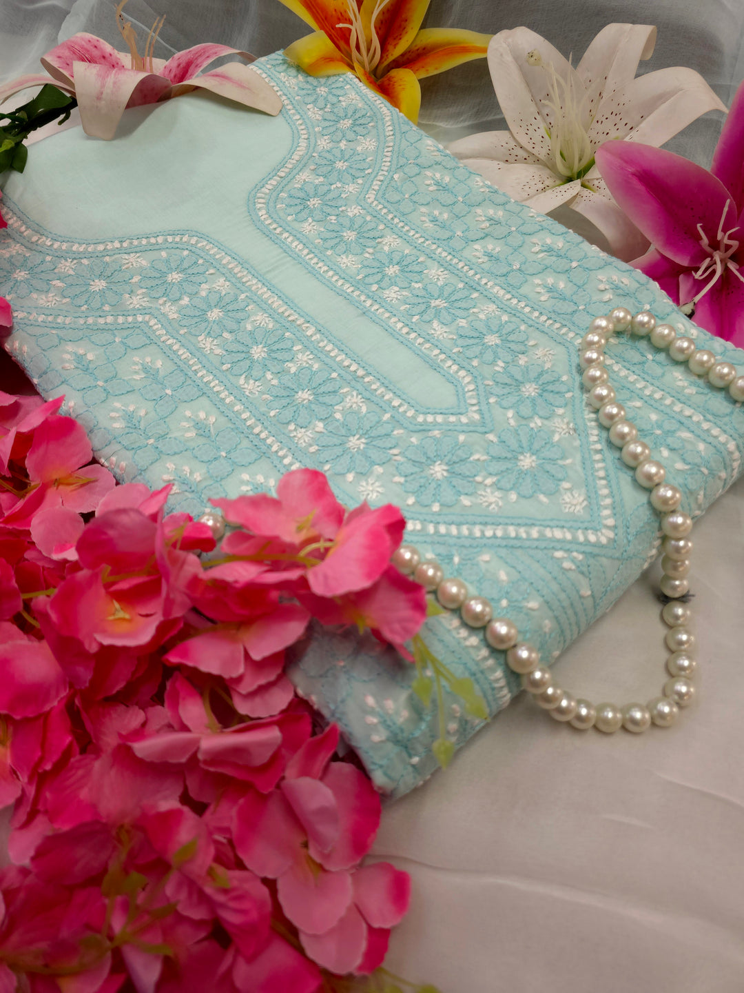 Lucknow Chikankari Hand Embroidered Cotton Dress Material with Tri-Color Motifs & Pure Chiffon Dupatta