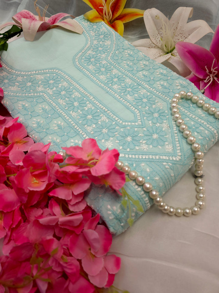 Lucknow Chikankari Hand Embroidered Cotton Dress Material with Tri-Color Motifs & Pure Chiffon Dupatta
