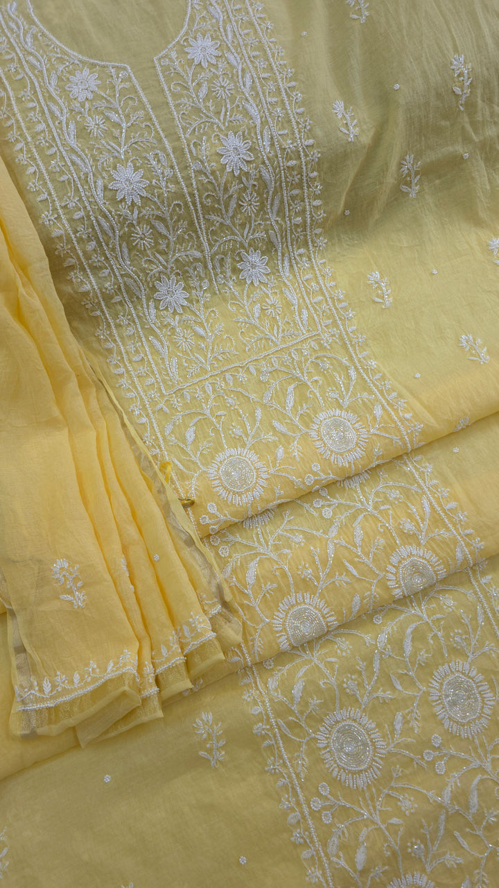 Premium Mul Chanderi Pearl, Cutdana & Kasab Hand Embroidered Unstitched Suit Set