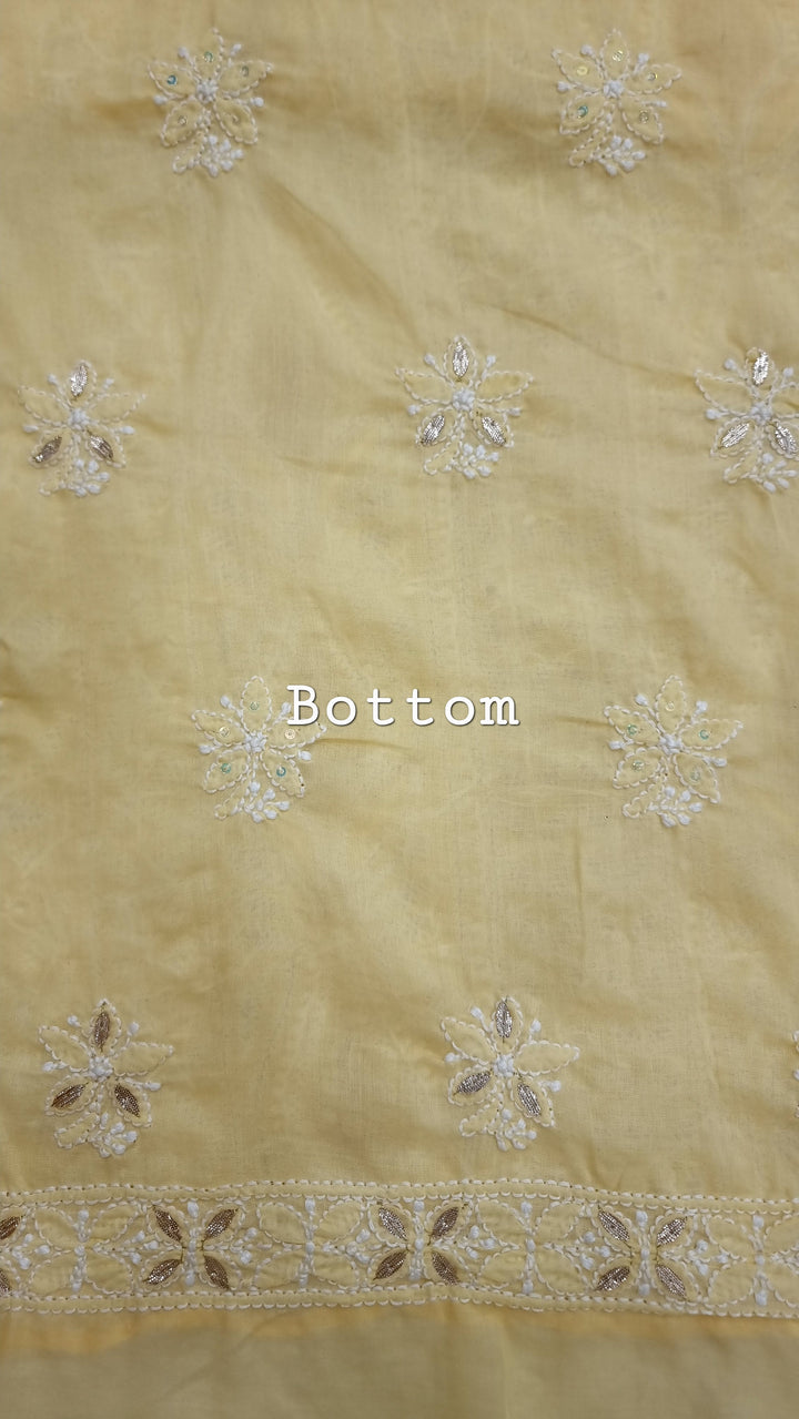 Yellow Unstitched Soft Cotton Chikankari Suit Set – Aari, Kasab & Gotta Patti Embellished with Pure Chiffon Dupatta