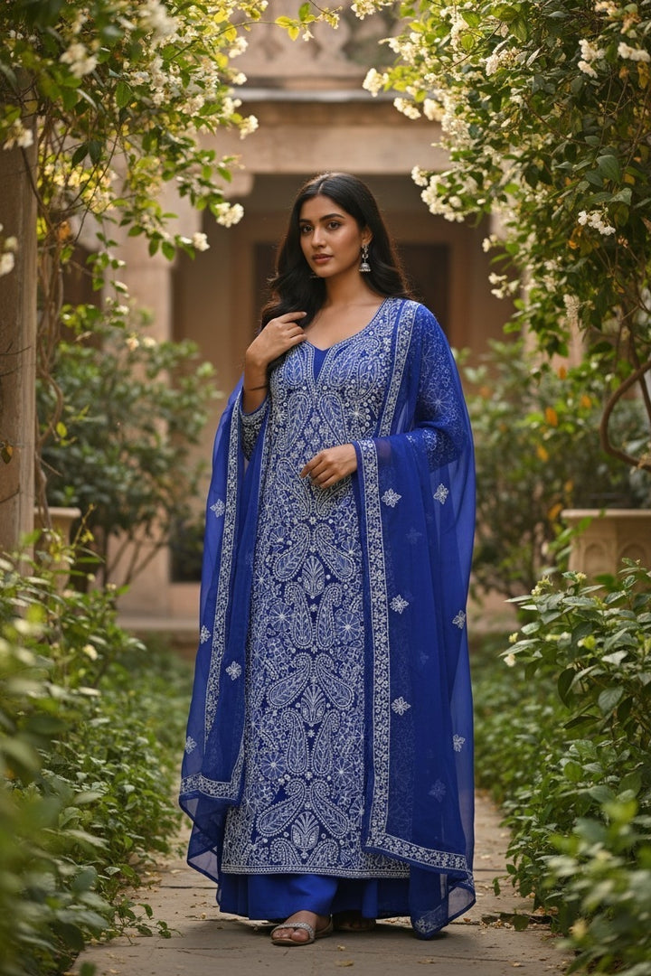 Unstitched Georgette Chikankari Dress Material | Hand Embroidered Kurta, Bottom & Dupatta