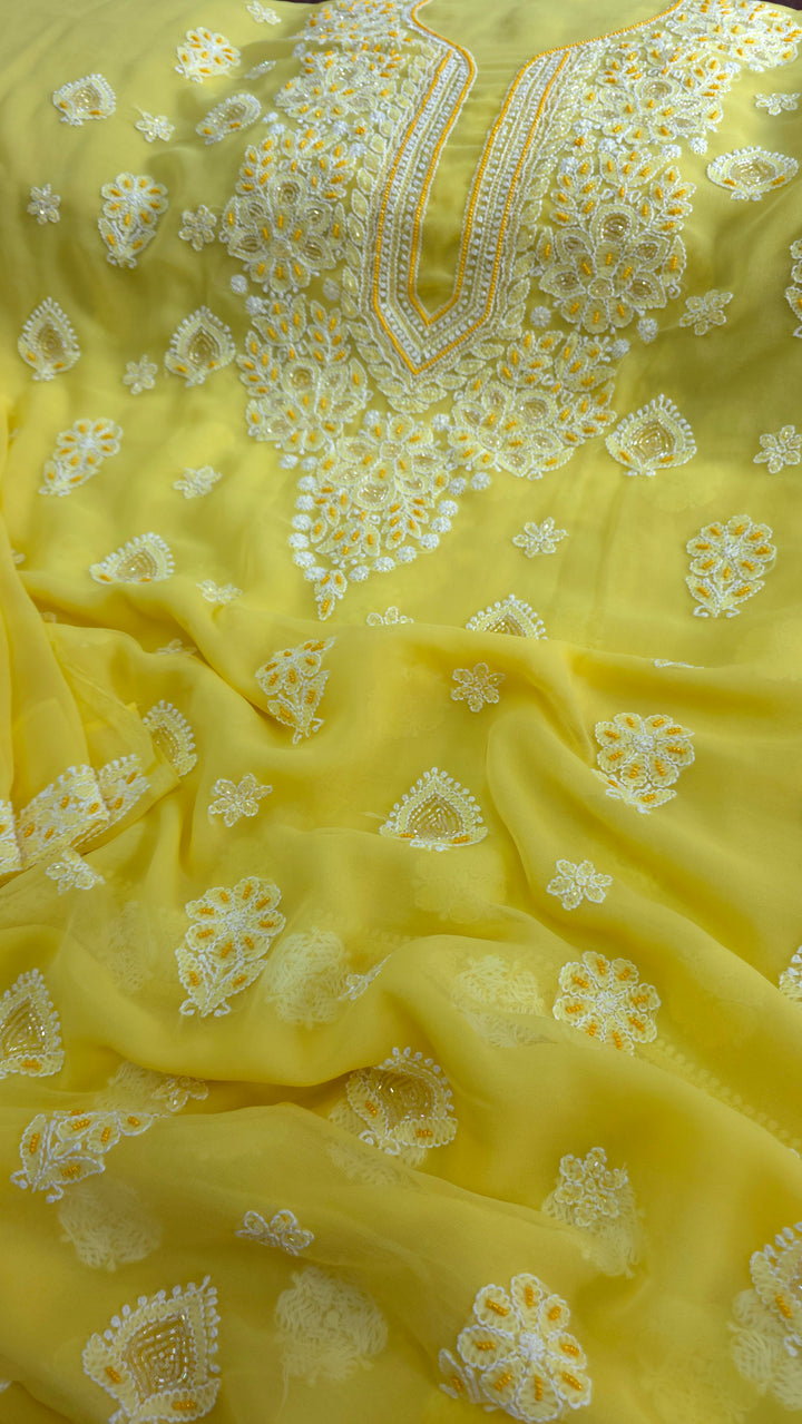 Alina Heavy Embellished Georgette Chikankari Unstitched Dress Material | Cutdana Handwork