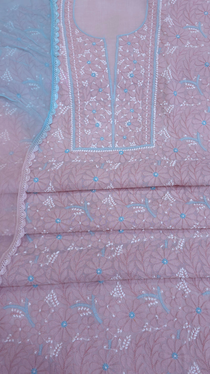 Lucknow Chikankari Hand Embroidered Cotton Dress Material with Tri-Color Motifs & Pure Chiffon Dupatta