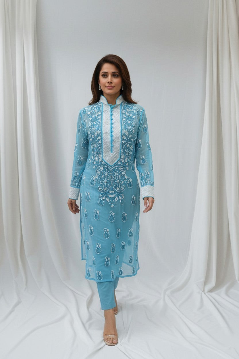 Women’s Georgette Chikankari Kurti – Designer Hand Embroidered Lucknowi Craft by Paridhan Chikan