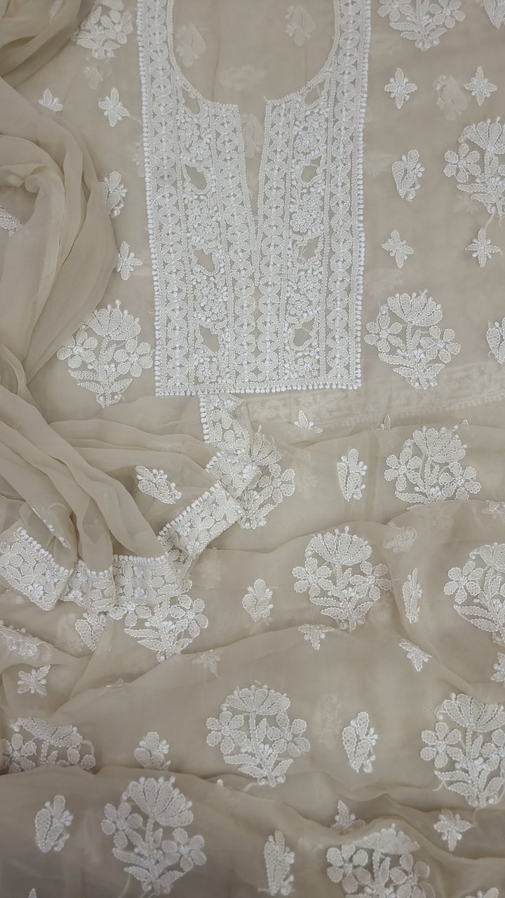Lucknowi Georgette Chikankari Dress Material – Hand Embroidery Kurta, Bottom & Dupatta | Festive Queen Shades