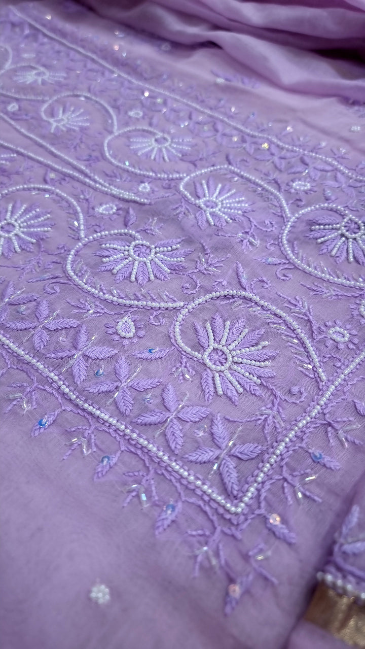 Premium Mul Chanderi Supersoft Dyeable Chikankari Dress Material | Hand Embroidered with Pearls & Cutdaana | Kurta & Dupatta Set