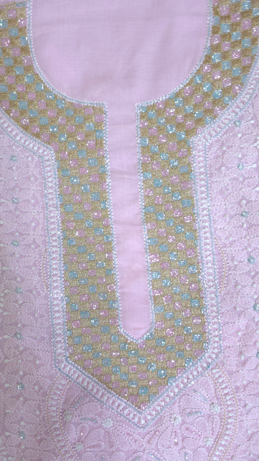 Premium Hand Embroidered Chikankari Cotton Unstitched Dress Material with Pure Chiffon Dupatta