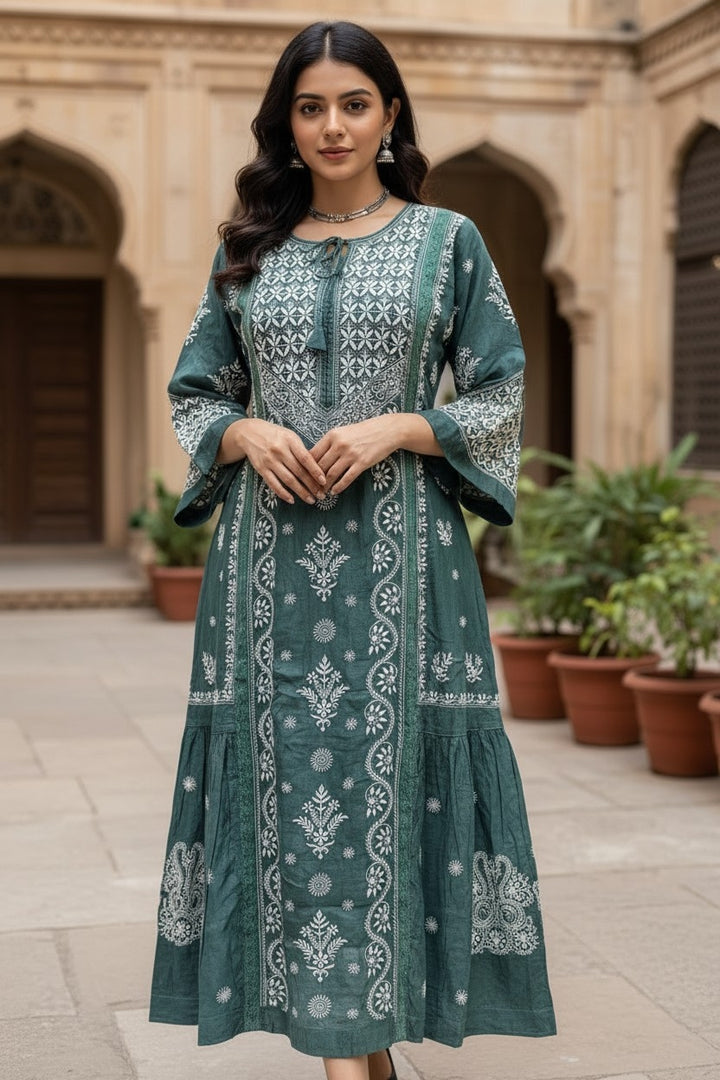 Pure Muslin luxurious long dress with *2 taar chikankari work* Length 50 " approx